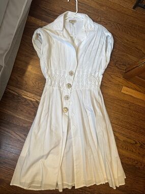 Women's White Button-Front Midi Dress with Smocked Waist- vintage